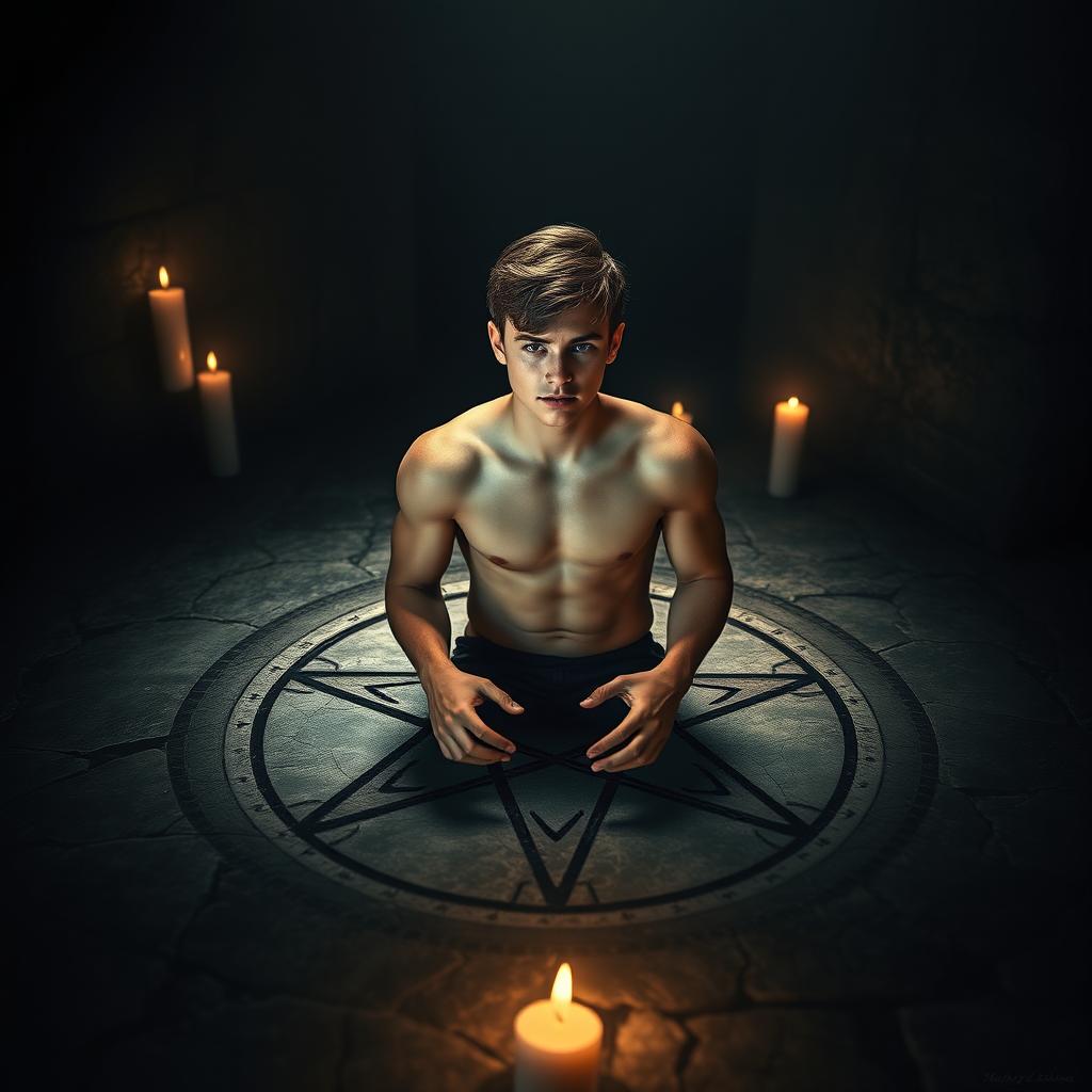 A captivating book cover design featuring a shirtless teenage boy, around 17 years old, sitting in the center of a detailed pentagram, which is elegantly drawn on an ancient stone surface