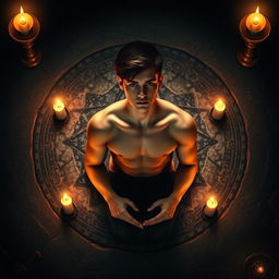 A captivating book cover design featuring a shirtless teenage boy, around 17 years old, sitting in the center of a detailed pentagram, which is elegantly drawn on an ancient stone surface