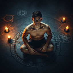 A captivating book cover design featuring a shirtless teenage boy, around 17 years old, sitting in the center of a detailed pentagram, which is elegantly drawn on an ancient stone surface