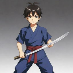 A young boy anime character, depicted in Japanese anime style, holding a sharp, gleaming katana in a ready stance, prepared for battle.