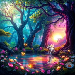 A whimsical fantasy scene featuring a vibrant, enchanted forest with radiant colors including bright greens, blues, and purples