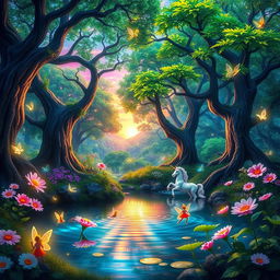 A whimsical fantasy scene featuring a vibrant, enchanted forest with radiant colors including bright greens, blues, and purples