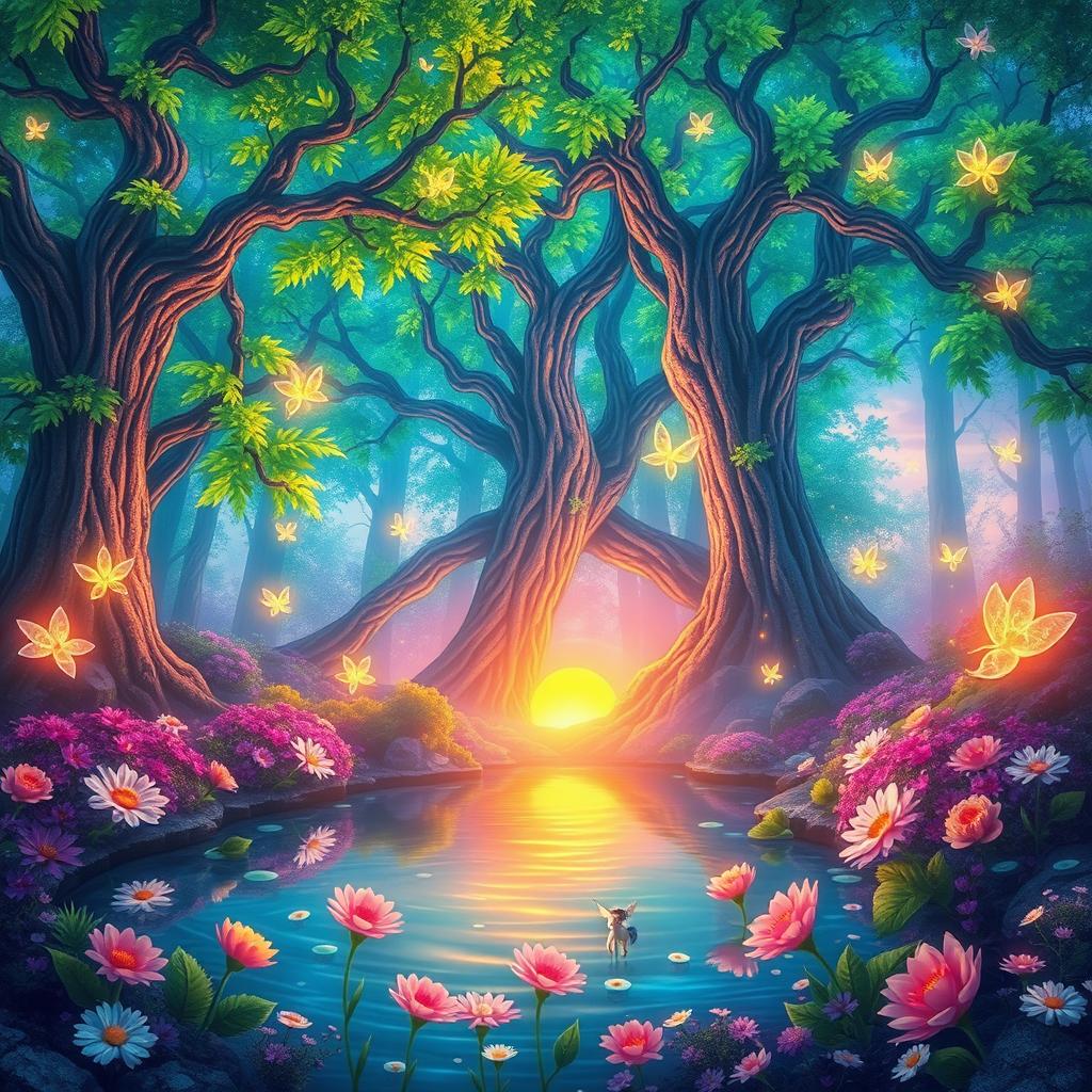 A whimsical fantasy scene featuring a vibrant, enchanted forest with radiant colors including bright greens, blues, and purples