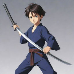 A young boy anime character, depicted in Japanese anime style, holding a sharp, gleaming katana in a ready stance, prepared for battle.