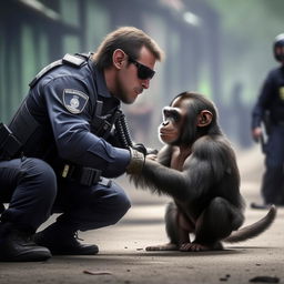 A thrilling action scene of a tactically trained chimp, wearing minimal gear, skillfully handcuffing a human suspect, with police dogs nearby