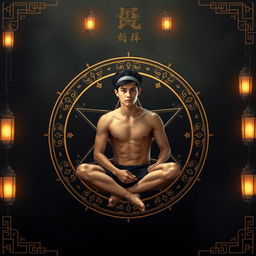 An eye-catching book cover design featuring a shirtless teenage boy, approximately 17 years old, sitting in the center of an ornate Asian-style pentagram, elegantly drawn with intricate designs and symbols in a dark, atmospheric setting