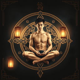 An eye-catching book cover design featuring a shirtless teenage boy, approximately 17 years old, sitting in the center of an ornate Asian-style pentagram, elegantly drawn with intricate designs and symbols in a dark, atmospheric setting