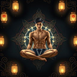 An eye-catching book cover design featuring a shirtless teenage boy, approximately 17 years old, sitting in the center of an ornate Asian-style pentagram, elegantly drawn with intricate designs and symbols in a dark, atmospheric setting