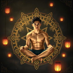 An eye-catching book cover design featuring a shirtless teenage boy, approximately 17 years old, sitting in the center of an ornate Asian-style pentagram, elegantly drawn with intricate designs and symbols in a dark, atmospheric setting