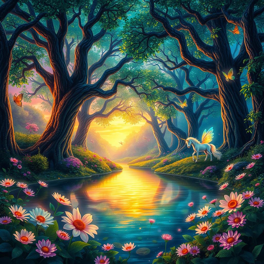 A whimsical fantasy scene featuring a vibrant, enchanted forest with radiant colors including bright greens, blues, and purples