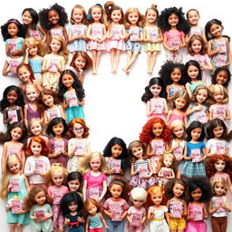 A joyful scene featuring a hundred happy little girls, all holding Barbie dolls in their hands, against a pure white background