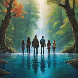 A high-definition, environmental poster with modern-stylized people seen from the back, acting as guardians. The vast, vibrant nature scene takes center stage, vivid and striking, drawing attention to the lush trees, diverse wildlife, and crystal rivers our guardians protect.