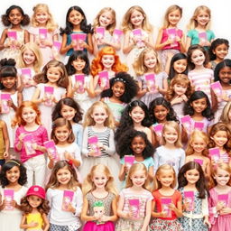 A joyful scene featuring a hundred happy little girls, all holding Barbie dolls in their hands, against a pure white background