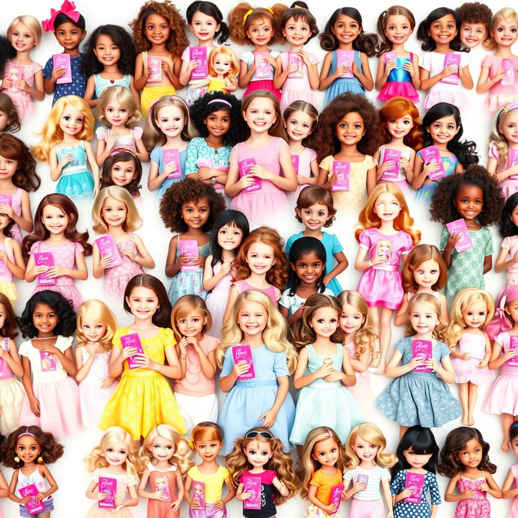 A joyful scene featuring a hundred happy little girls, all holding Barbie dolls in their hands, against a pure white background