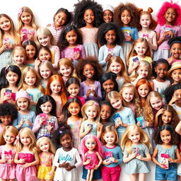 A joyful scene featuring a hundred happy little girls, all holding Barbie dolls in their hands, against a pure white background