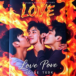 A captivating book cover featuring three Asian teenage boys locked in passionate kisses amidst a backdrop of vivid flames