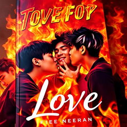 A captivating book cover featuring three Asian teenage boys locked in passionate kisses amidst a backdrop of vivid flames