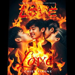 A captivating book cover featuring three Asian teenage boys locked in passionate kisses amidst a backdrop of vivid flames