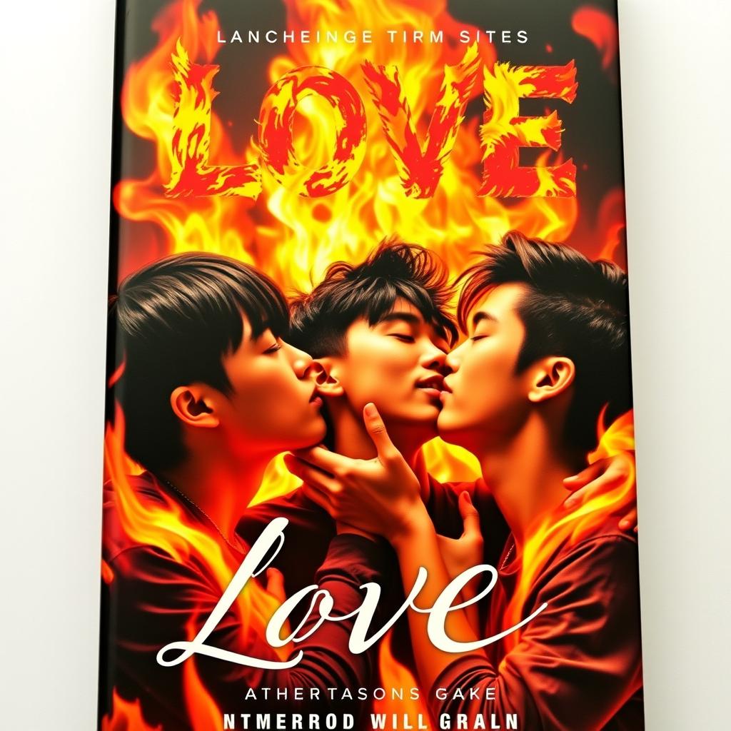 A captivating book cover featuring three Asian teenage boys locked in passionate kisses amidst a backdrop of vivid flames