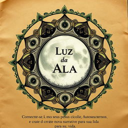 Book cover design for 'Luz da Alma: A Transformação Pessoal através Autoescrita Lunar' featuring a captivating interactive lunar mandala that aligns with the theme of personal transformation