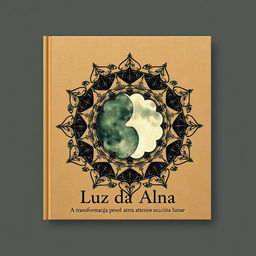 Book cover design for 'Luz da Alma: A Transformação Pessoal através Autoescrita Lunar' featuring a captivating interactive lunar mandala that aligns with the theme of personal transformation