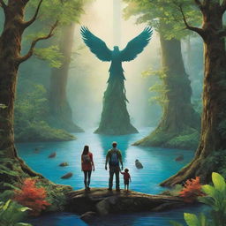 A high-definition, environmental poster with modern-stylized people seen from the back, acting as guardians. The vast, vibrant nature scene takes center stage, vivid and striking, drawing attention to the lush trees, diverse wildlife, and crystal rivers our guardians protect.