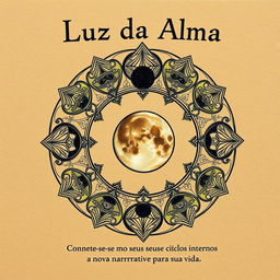 Book cover design for 'Luz da Alma: A Transformação Pessoal através Autoescrita Lunar' featuring a captivating interactive lunar mandala that aligns with the theme of personal transformation