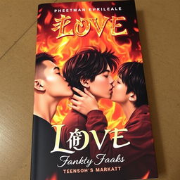 An eye-catching book cover showcasing three Asian teenage boys engaged in passionate kisses against a backdrop of swirling flames