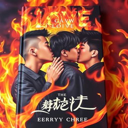 An eye-catching book cover showcasing three Asian teenage boys engaged in passionate kisses against a backdrop of swirling flames