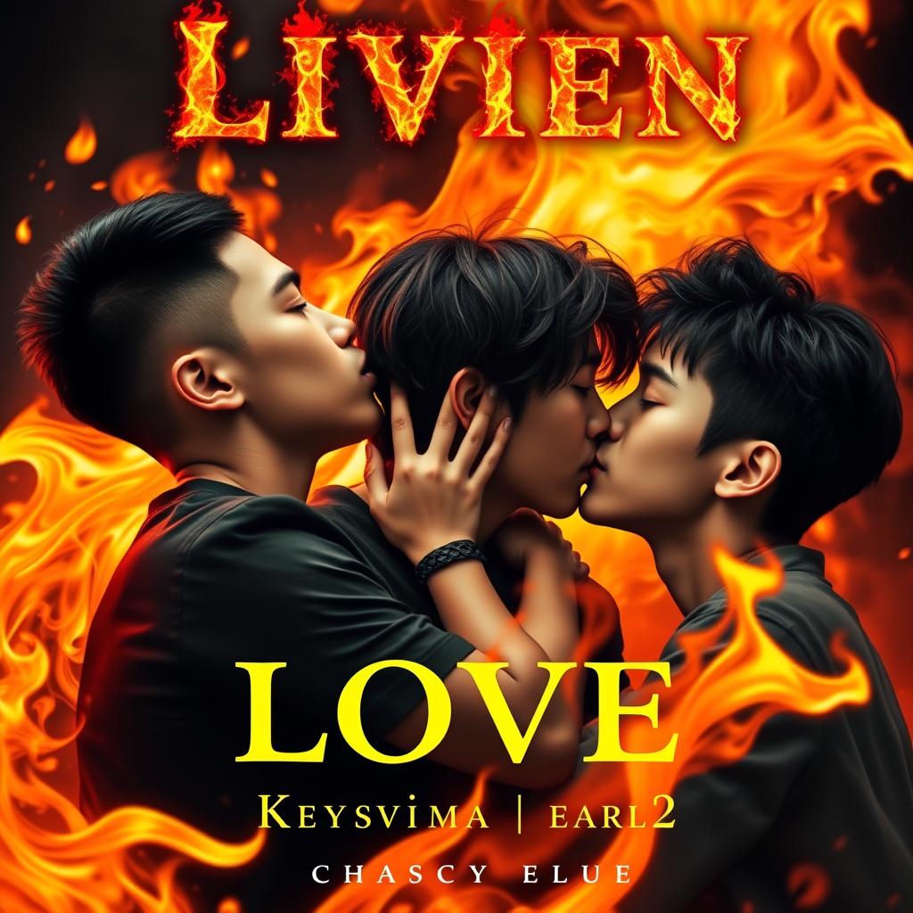 An eye-catching book cover showcasing three Asian teenage boys engaged in passionate kisses against a backdrop of swirling flames