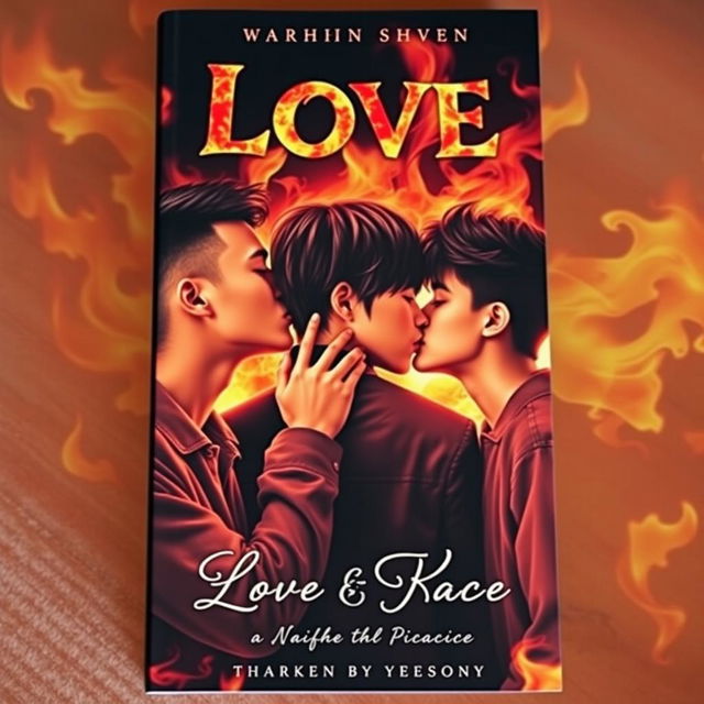 An eye-catching book cover showcasing three Asian teenage boys engaged in passionate kisses against a backdrop of swirling flames