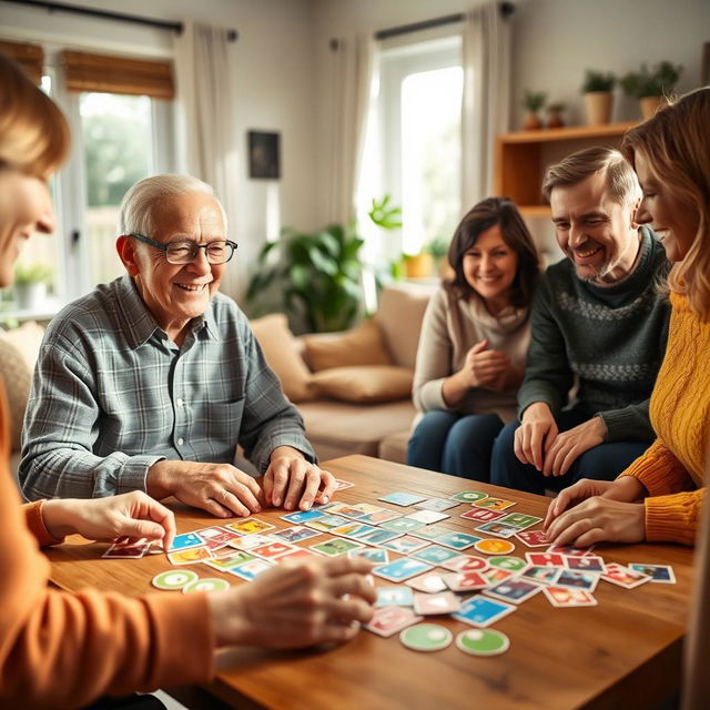 An engaging and vibrant scene of an elderly man or woman joyfully playing memory games with a group of friends or family