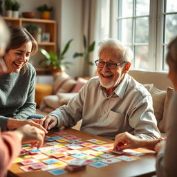 An engaging and vibrant scene of an elderly man or woman joyfully playing memory games with a group of friends or family