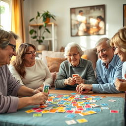 An engaging and vibrant scene of an elderly man or woman joyfully playing memory games with a group of friends or family