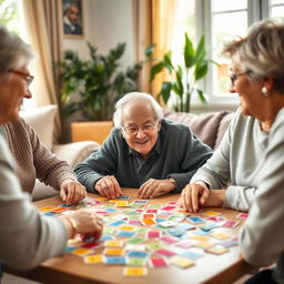 An engaging and vibrant scene of an elderly man or woman joyfully playing memory games with a group of friends or family