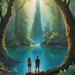 A high-definition, environmental poster with modern-stylized people seen from the back, acting as guardians. The vast, vibrant nature scene takes center stage, vivid and striking, drawing attention to the lush trees, diverse wildlife, and crystal rivers our guardians protect.