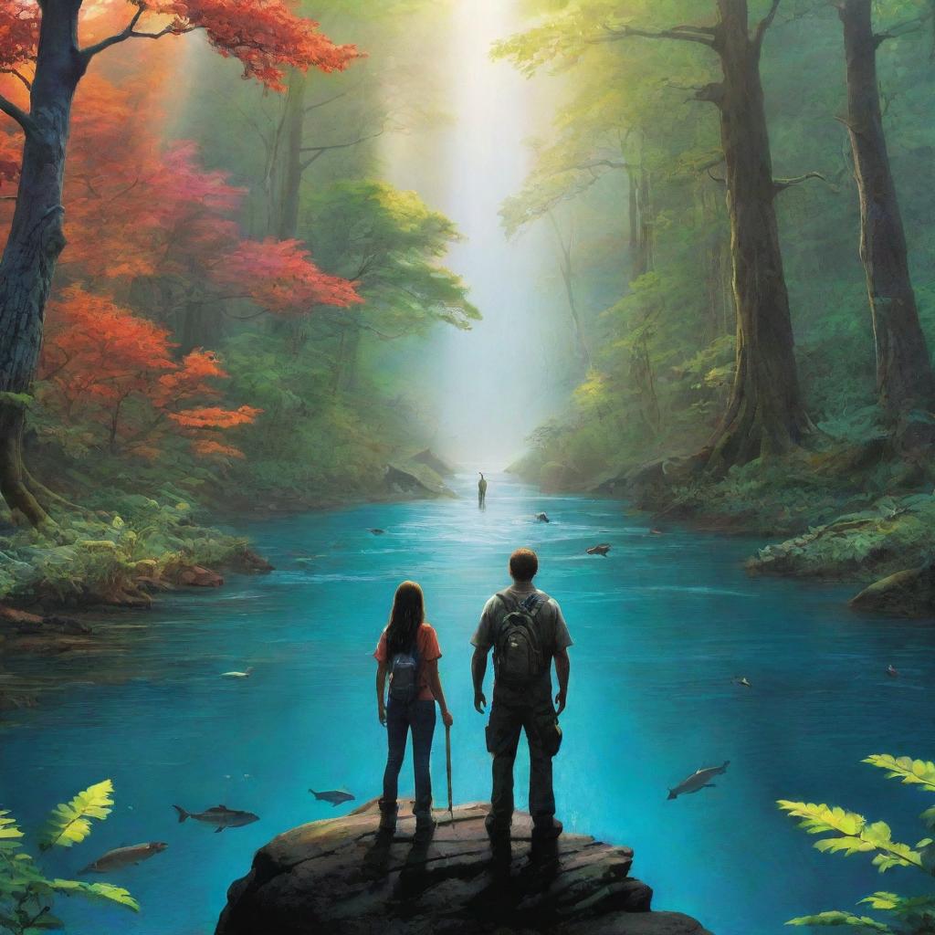 A high-definition, environmental poster with modern-stylized people seen from the back, acting as guardians. The vast, vibrant nature scene takes center stage, vivid and striking, drawing attention to the lush trees, diverse wildlife, and crystal rivers our guardians protect.