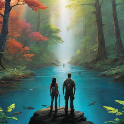 A high-definition, environmental poster with modern-stylized people seen from the back, acting as guardians. The vast, vibrant nature scene takes center stage, vivid and striking, drawing attention to the lush trees, diverse wildlife, and crystal rivers our guardians protect.