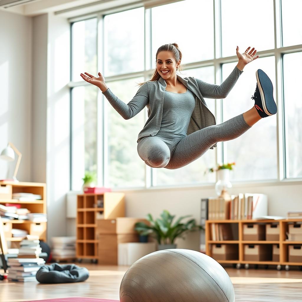 A 40-year-old female professor, playfully posed in a dynamic and engaging manner, effortlessly balancing on a large exercise or yoga ball