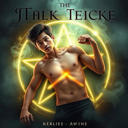 An intriguing book cover featuring a teenage Asian guy lying shirtless in the center of a glowing pentagram