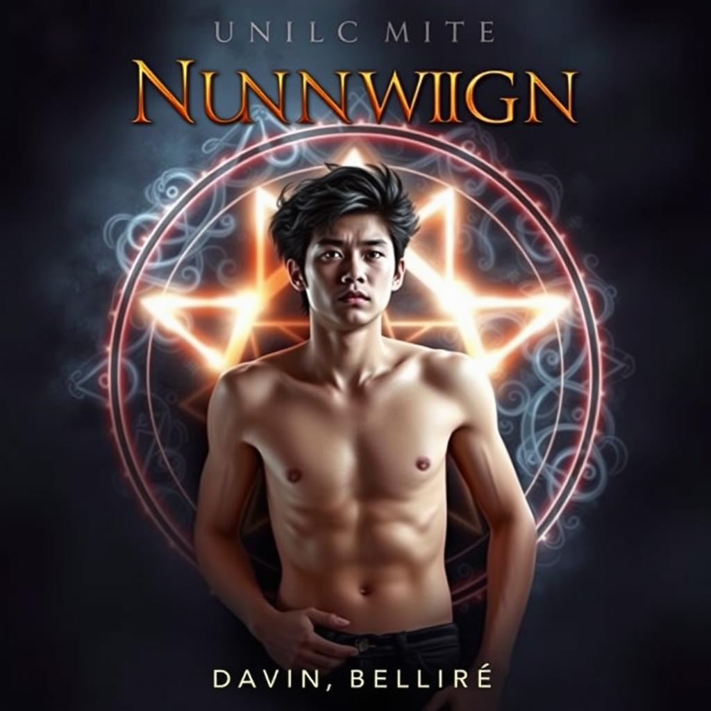 An intriguing book cover featuring a teenage Asian guy lying shirtless in the center of a glowing pentagram