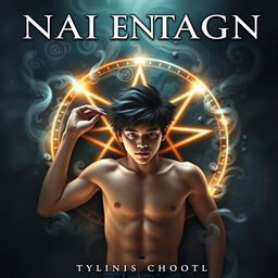 An intriguing book cover featuring a teenage Asian guy lying shirtless in the center of a glowing pentagram