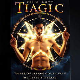 A striking book cover featuring a teenage Asian guy lying shirtless in the center of a glowing pentagram