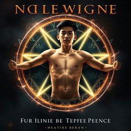 A striking book cover featuring a teenage Asian guy lying shirtless in the center of a glowing pentagram