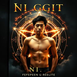 A striking book cover featuring a teenage Asian guy lying shirtless in the center of a glowing pentagram