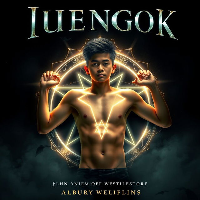 A striking book cover featuring a teenage Asian guy lying shirtless in the center of a glowing pentagram