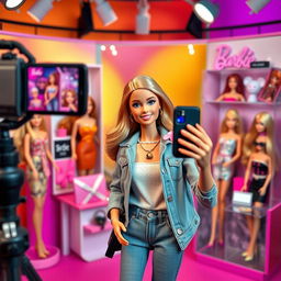 An influencer Barbie doll set in a stylish studio environment, positioned in front of her camera as if she is live streaming on Instagram