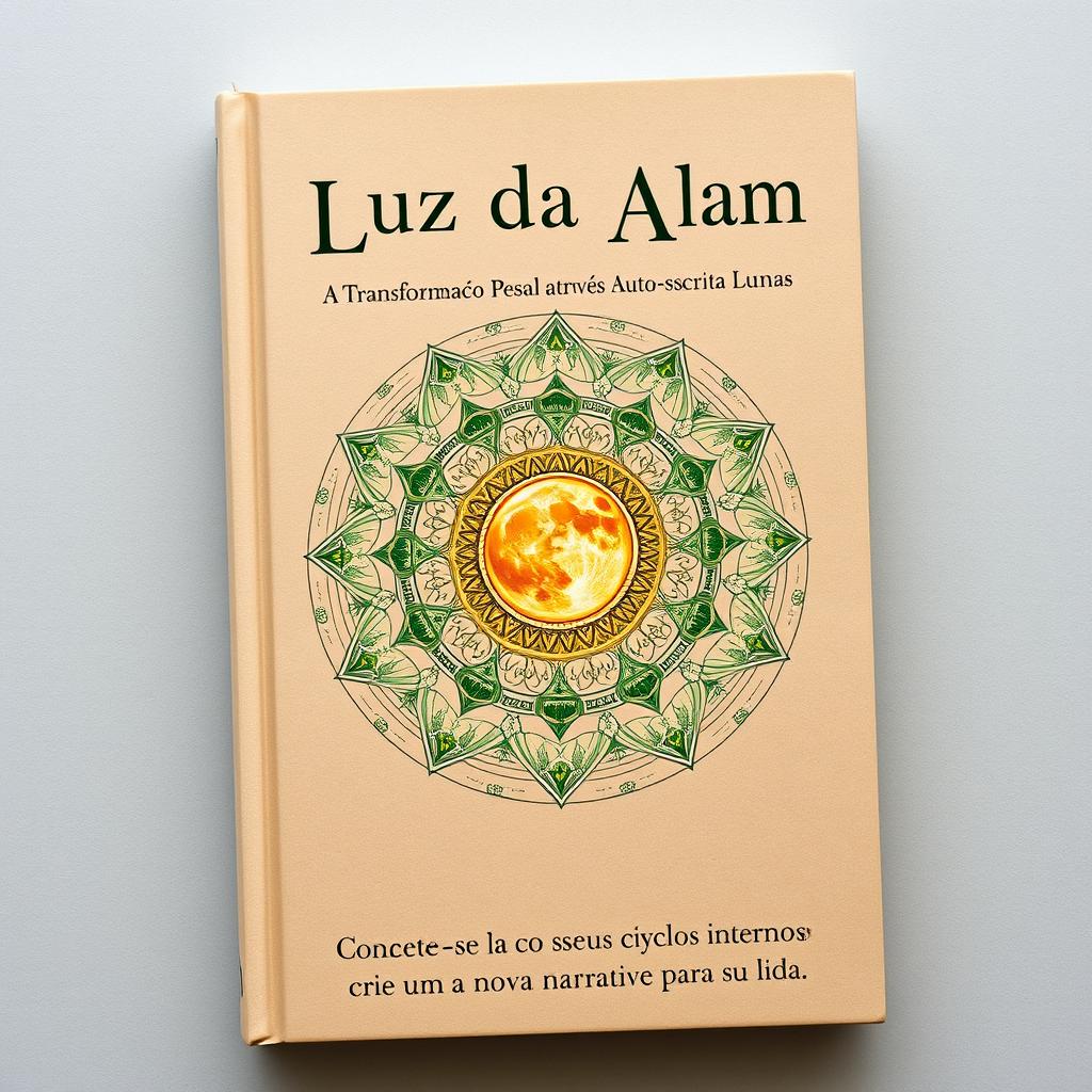 Book cover design for 'Luz da Alma: A Transformação Pessoal através Autoescrita Lunar', featuring a serene and inviting interactive lunar mandala as the central theme