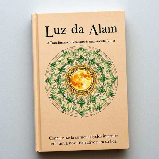 Book cover design for 'Luz da Alma: A Transformação Pessoal através Autoescrita Lunar', featuring a serene and inviting interactive lunar mandala as the central theme