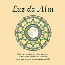 Book cover design for 'Luz da Alma: A Transformação Pessoal através Autoescrita Lunar', featuring a serene and inviting interactive lunar mandala as the central theme